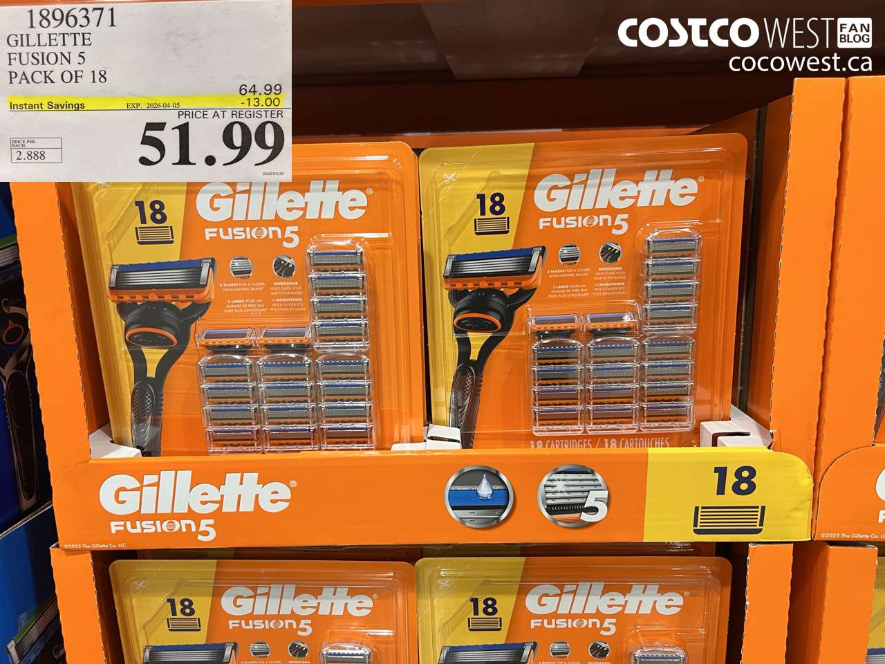1896371 GILLETTE FUSION 5 PACK OF 18 ($13.00 INSTANT SAVINGS EXPIRES ON 2026-04-05) $51.99