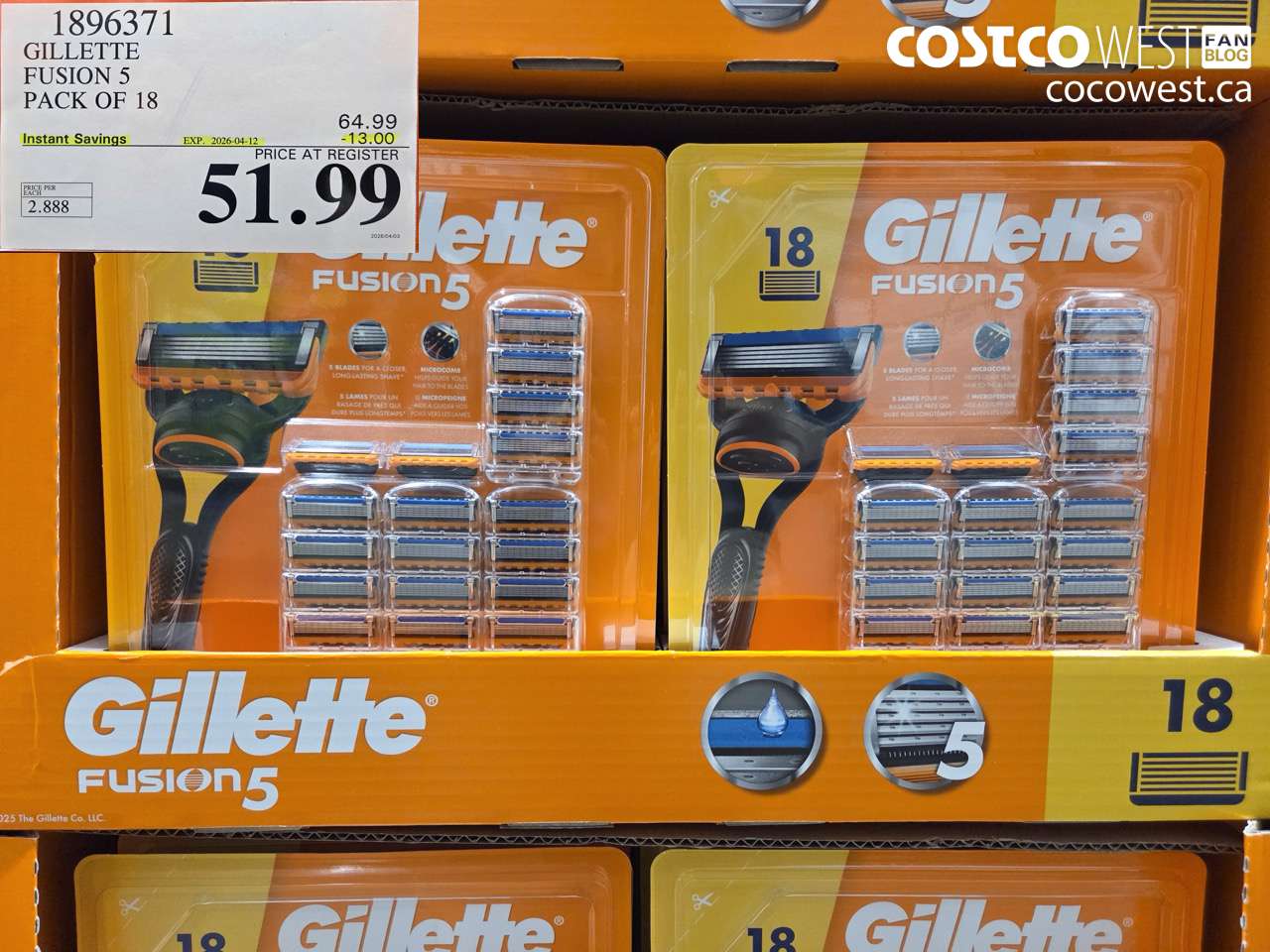 1896371 GILLETTE FUSION 5 PACK OF 18 ($13.00 INSTANT SAVINGS EXPIRES ON 2026-04-12) $51.99