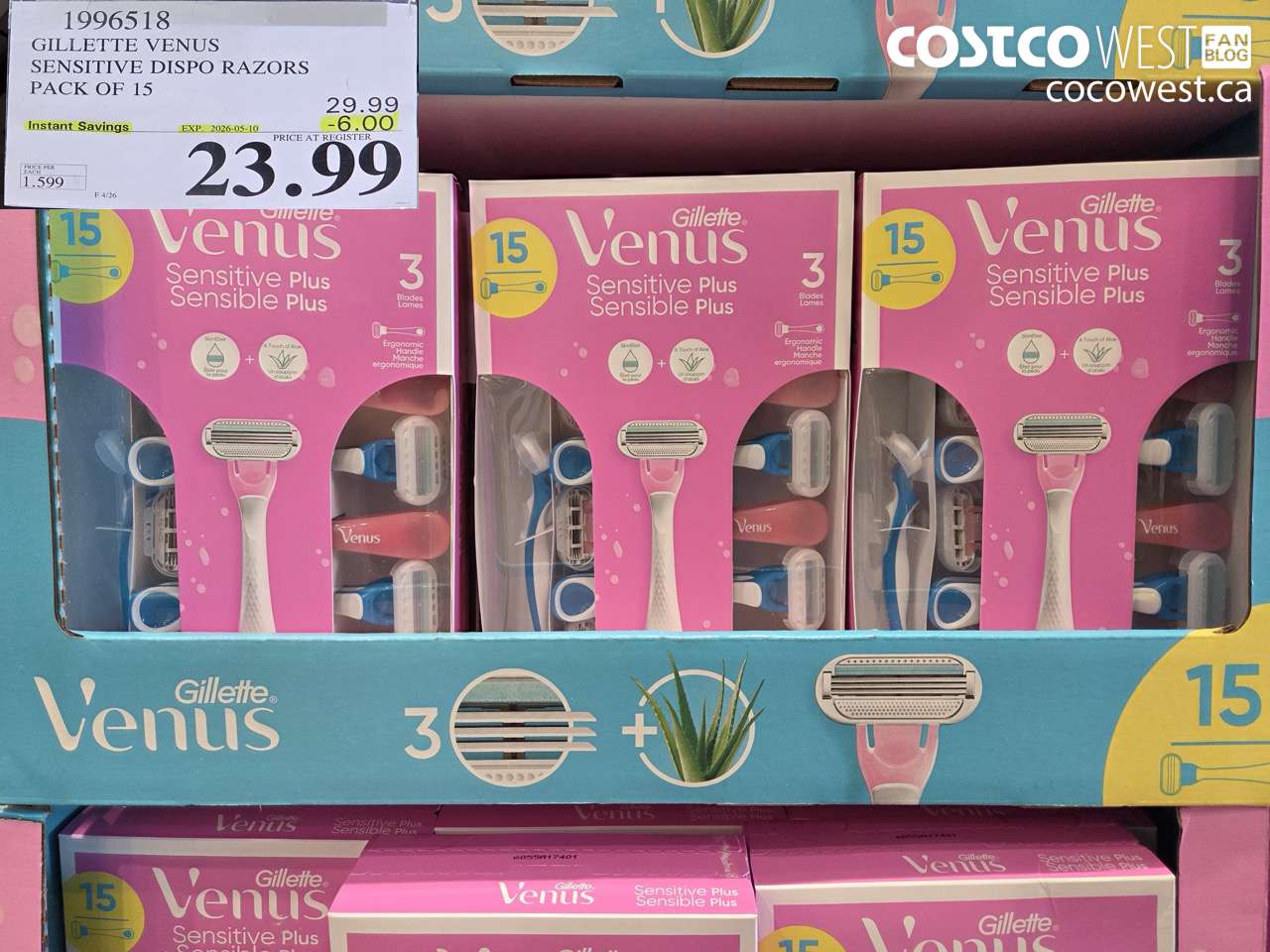 1996518 GILLETTE VENUS SENSITIVE DISPOSABLE RAZORS PACK OF 15 ($6.00 INSTANT SAVINGS EXPIRES ON 2026-05-10) $23.99