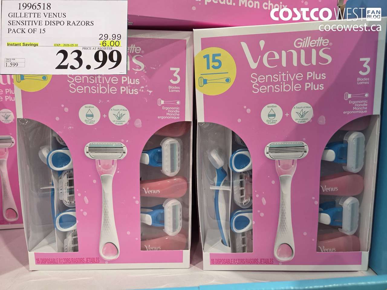 1996518 GILLETTE VENUS SENSITIVE DISPO RAZORS PACK OF 15 ($6.00 INSTANT SAVINGS EXPIRES ON 2026-05-10) $23.99