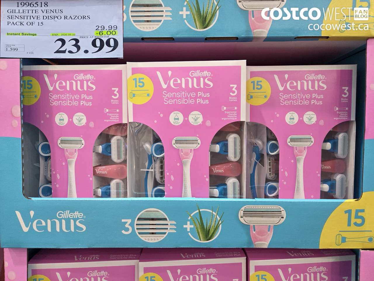 19965118 GILLETTE VENUS SENSITIVE DISPO RAZORS PACK OF 15 ($6.00 INSTANT SAVINGS EXPIRES ON 2026-05-10) $23.99