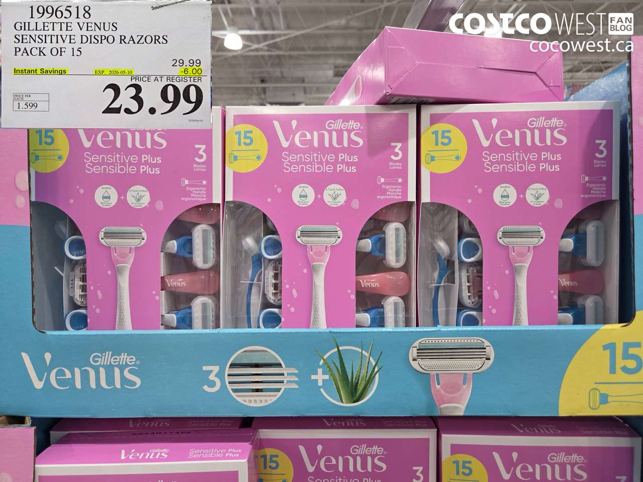 1996518 GILLETTE VENUS SENSITIVE DISPO RAZORS PACK OF 15 ($6.00 INSTANT SAVINGS EXPIRES ON 2026-05-10) $23.99