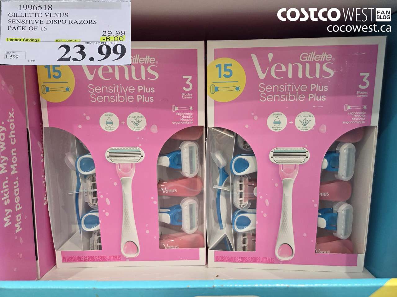 1996518 GILLETTE VENUS SENSITIVE DISPO RAZORS PACK OF 15 ($6.00 INSTANT SAVINGS EXPIRES ON 2026-05-10) $23.99