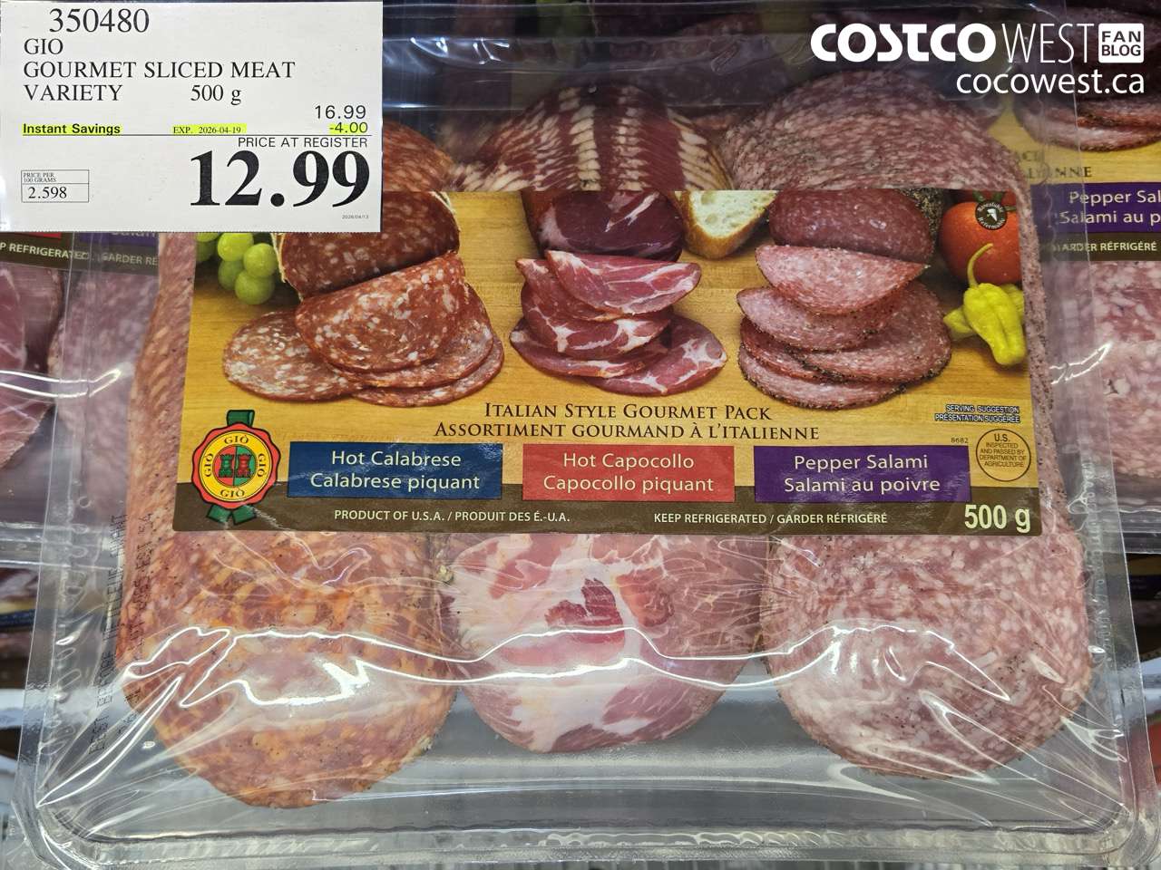 350480 GIO GOURMET SLICED MEAT VARIETY 500G ($4.00 INSTANT SAVINGS EXPIRES ON 2026-04-19) $12.99