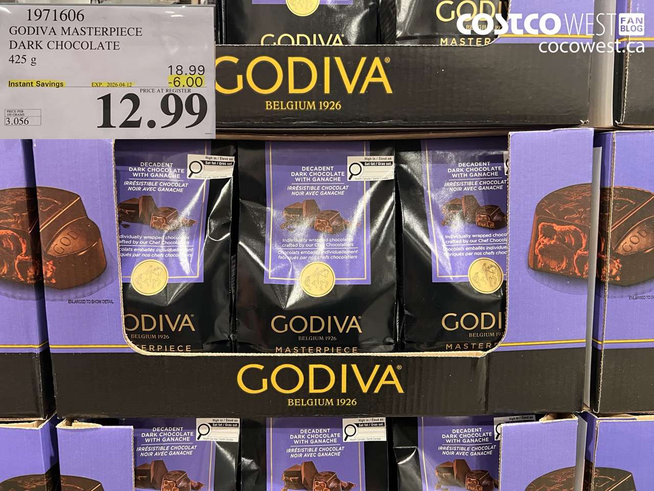 1971606 GODIVA MASTERPIECE DARK CHOCOLATE 425 G ($6.00 INSTANT SAVINGS EXPIRES ON 2026-04-12) $12.99
