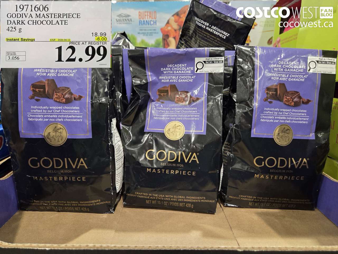 1971606 GODIVA MASTERPIECE DARK CHOCOLATE 425 G ($6.00 INSTANT SAVINGS EXPIRES ON 2026-04-12) $12.99