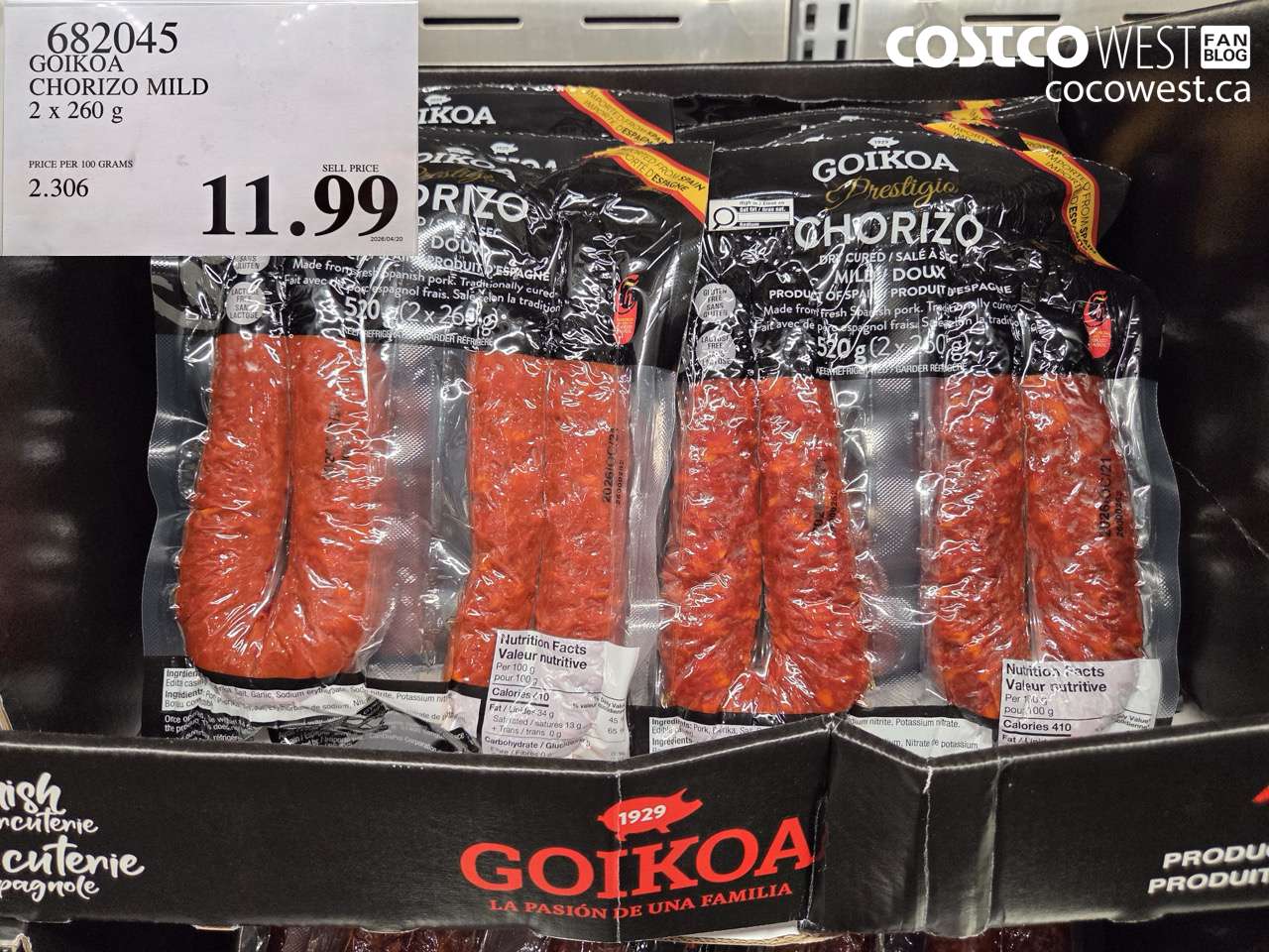 682045 GOIKOA CHORIZO MILD 2 X 260G $11.99