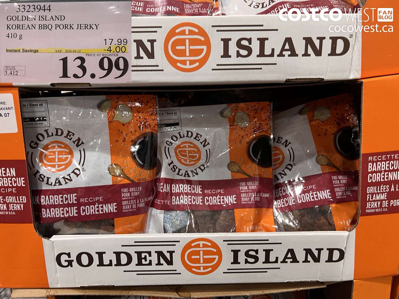 3323944 GOLDEN ISLAND KOREAN BBQ PORK JERKY 410G ($4.00 INSTANT SAVINGS EXPIRES ON 2026-04-12) $13.99
