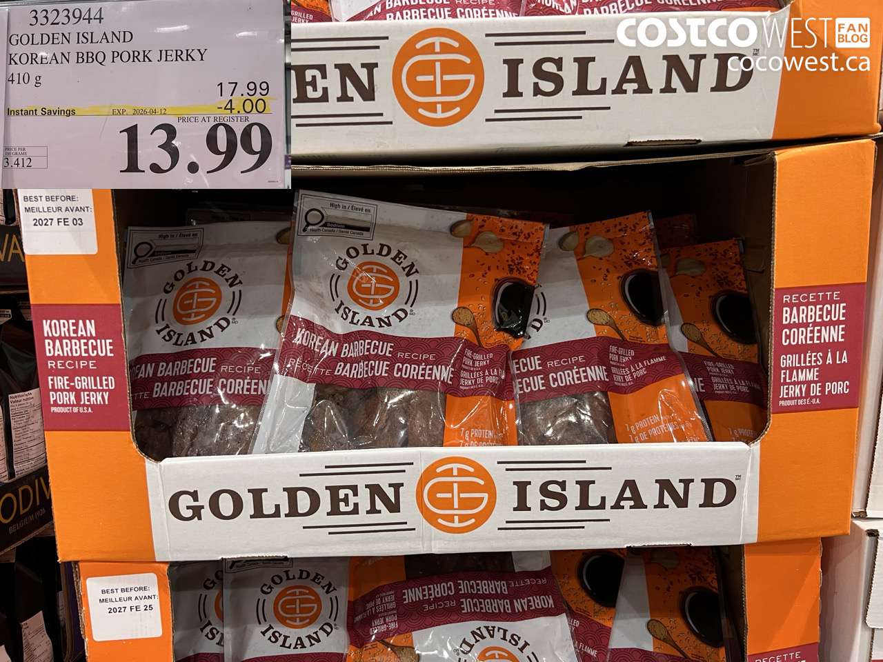 3323944 GOLDEN ISLAND KOREAN BBQ PORK JERKY 410G ($4.00 INSTANT SAVINGS EXPIRES ON 2026-04-12) $13.99