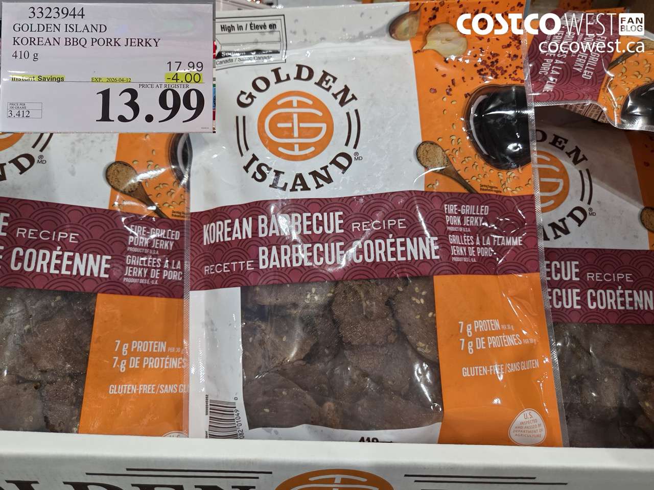 3323944 GOLDEN ISLAND KOREAN BBQ PORK JERKY 410 G ($4.00 INSTANT SAVINGS EXPIRES ON 2026-04-12) $13.99
