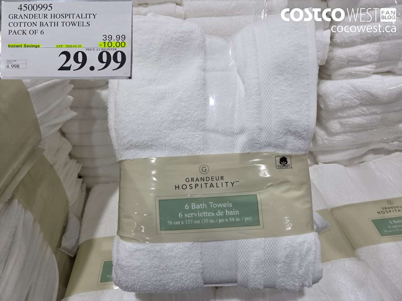 4500995 GRANDEUR HOSPITALITY COTTON BATH TOWELS PACK OF 6 ($10.00 INSTANT SAVINGS EXPIRES ON 2026-04-19) $29.99