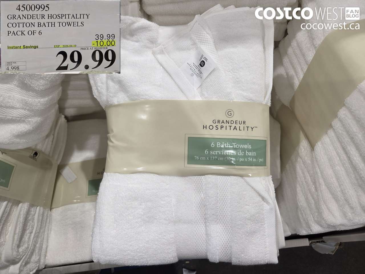 4500995 GRANDEUR HOSPITALITY COTTON BATH TOWELS PACK OF 6 ($10.00 INSTANT SAVINGS EXPIRES ON 2026-04-19) $29.99