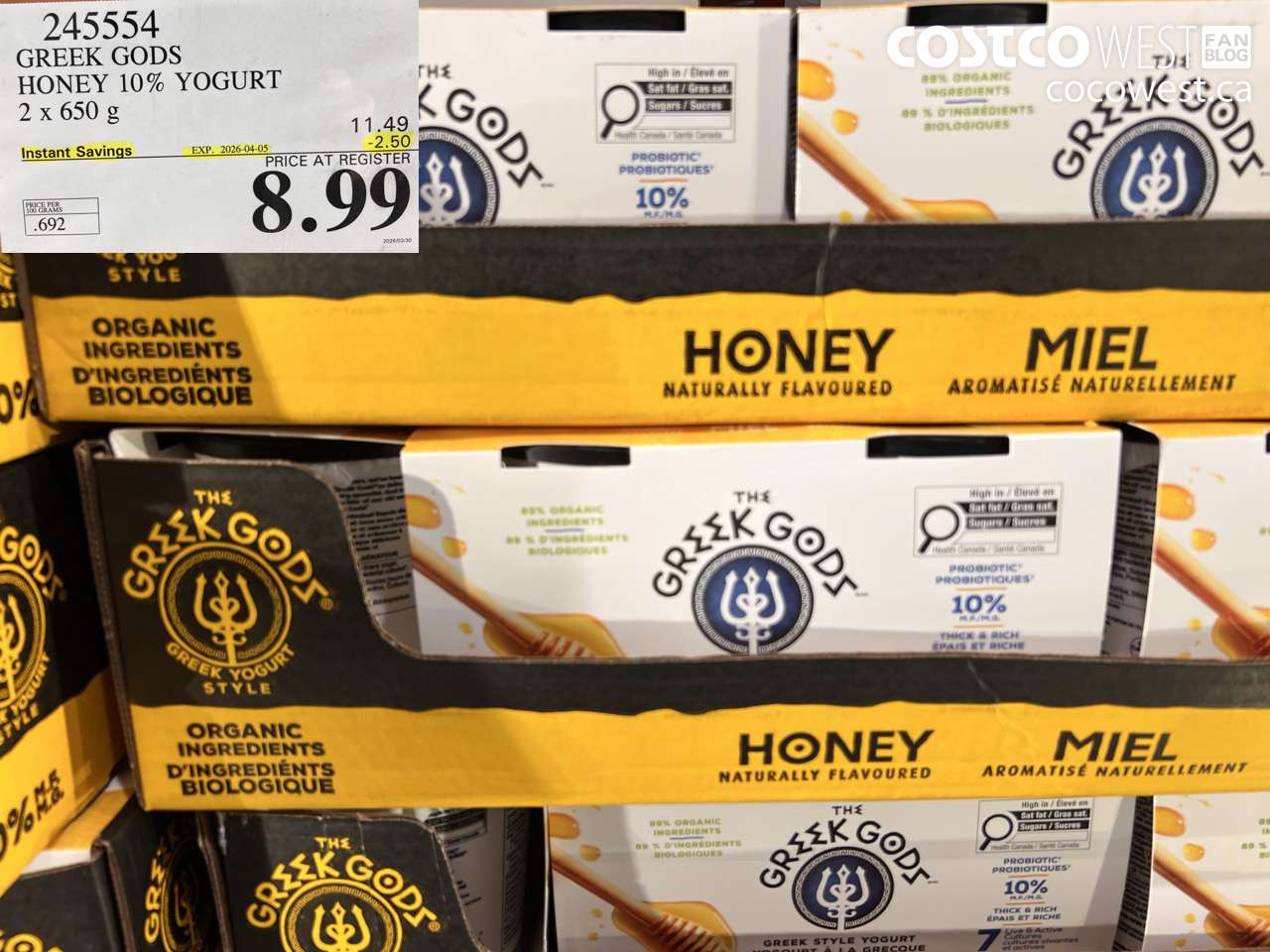 245554 GREEK GODS HONEY 10% YOGURT 2 X 650 G ($2.50 INSTANT SAVINGS EXPIRES ON 2026-04-05) $8.99