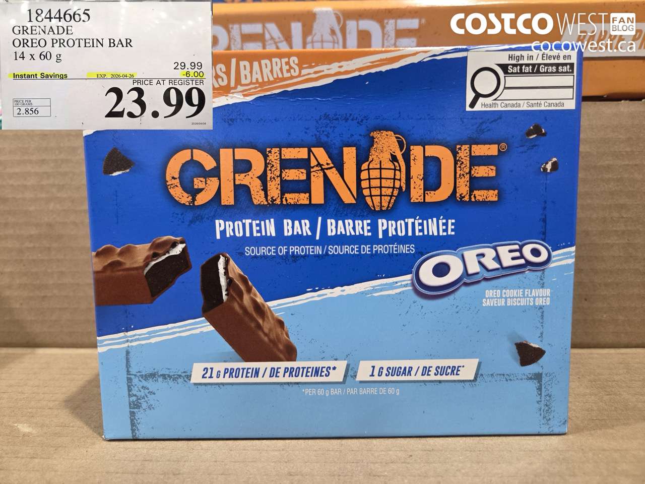 184465 GRENADA OREO PROTEIN BAR 14 X 60 G ($6.00 INSTANT SAVINGS EXPIRES ON 2026-04-26) $23.99