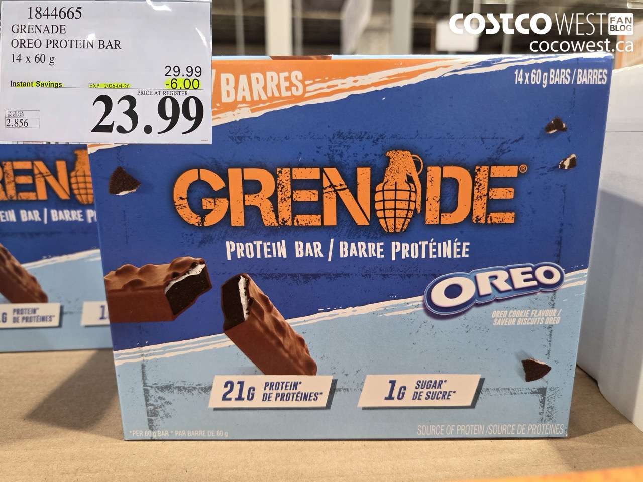 1844665 GRENADE OREO PROTEIN BAR 14 X 60 G ($6.00 INSTANT SAVINGS EXPIRES ON 2026-04-26) $23.99