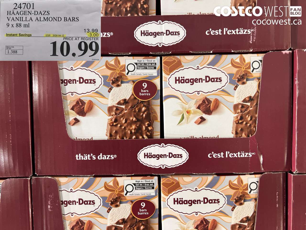 24701 HÄAGEN-DAZS VANILLA ALMOND BARS 9 X 88ML ($3.00 INSTANT SAVINGS EXPIRES ON 2026-04-12) $10.99