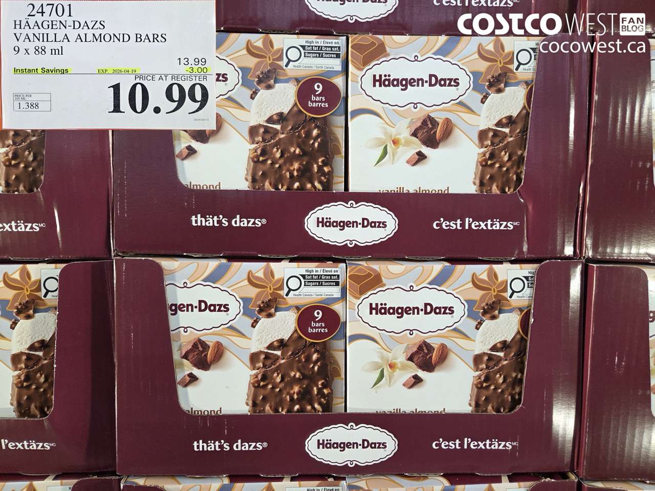 24701 HÄAGEN-DAZS VANILLA ALMOND BARS 9 X 88ML ($3.00 INSTANT SAVINGS EXPIRES ON 2026-04-19) $10.99