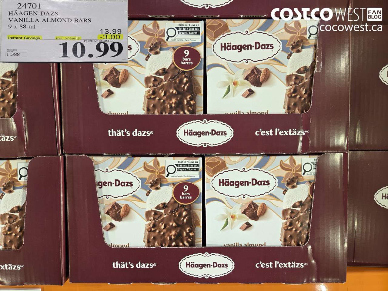 24701 HAAGEN-DAZS VANILLA ALMOND BARS 9 X 88 ML ($3.00 INSTANT SAVINGS EXPIRES ON 2026-04-19) $10.99