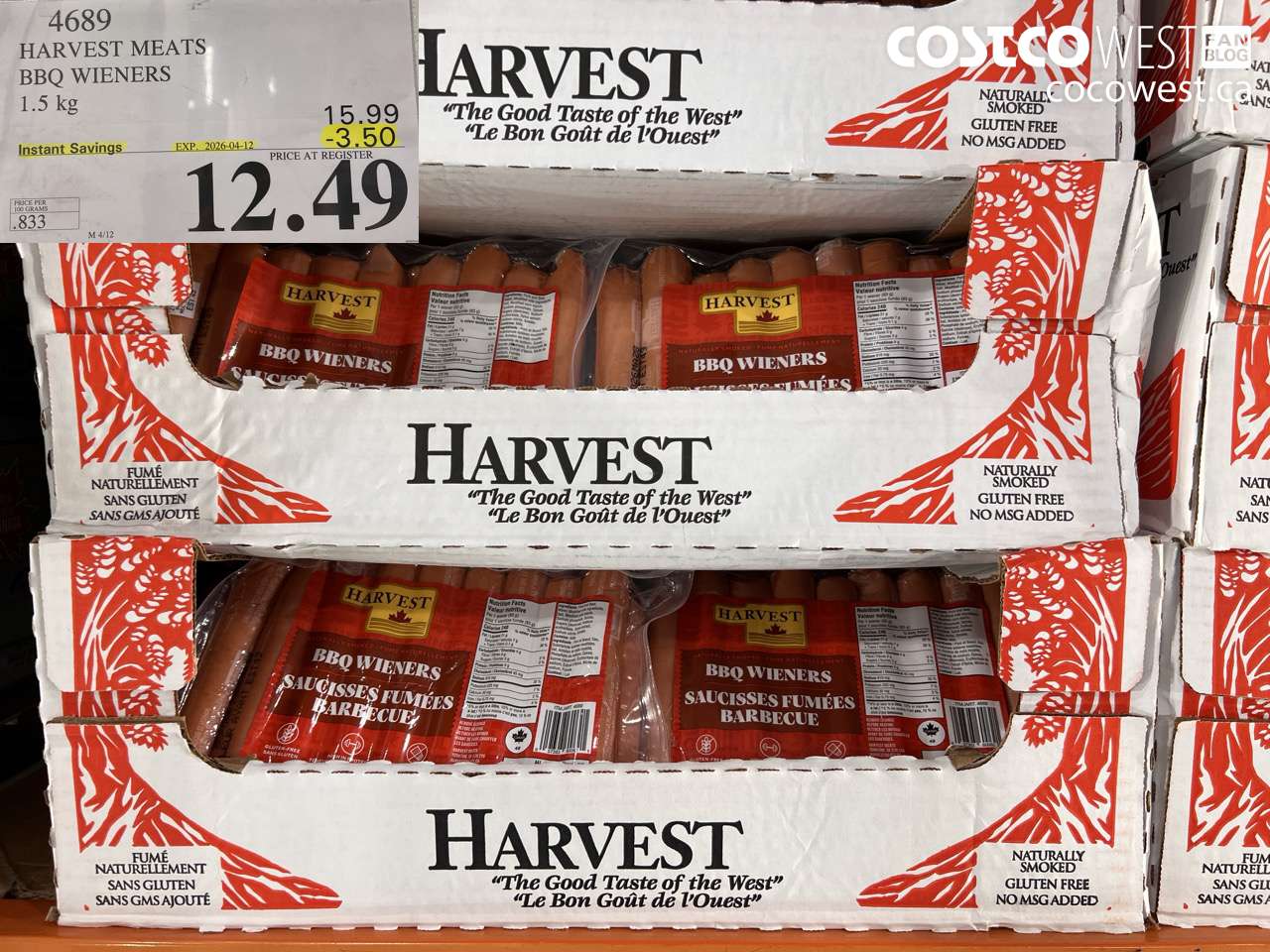 4689 HARVEST MEATS BBQ WIENERS 1.5 KG ($3.50 INSTANT SAVINGS EXPIRES ON 2026-04-12) $12.49