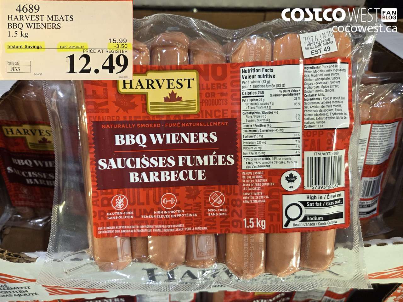 4689 HARVEST MEATS BBQ WIENERS 1.5 KG ($3.50 INSTANT SAVINGS EXPIRES ON 2026-04-12) $12.49
