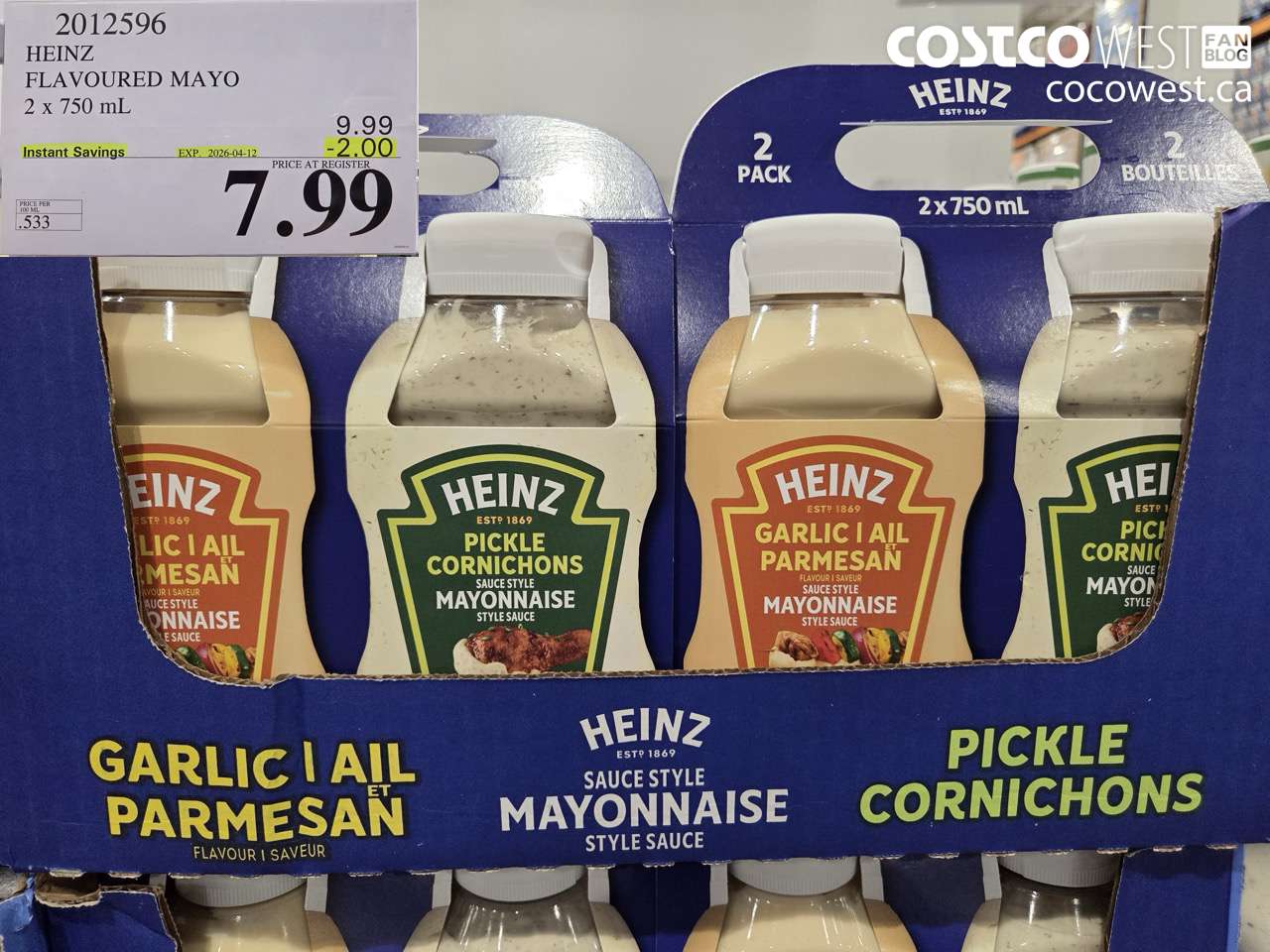 2012596 HEINZ FLAVOURED MAYO 2 X 750 ML ($2.00 INSTANT SAVINGS EXPIRES ON 2026-04-12) $7.99