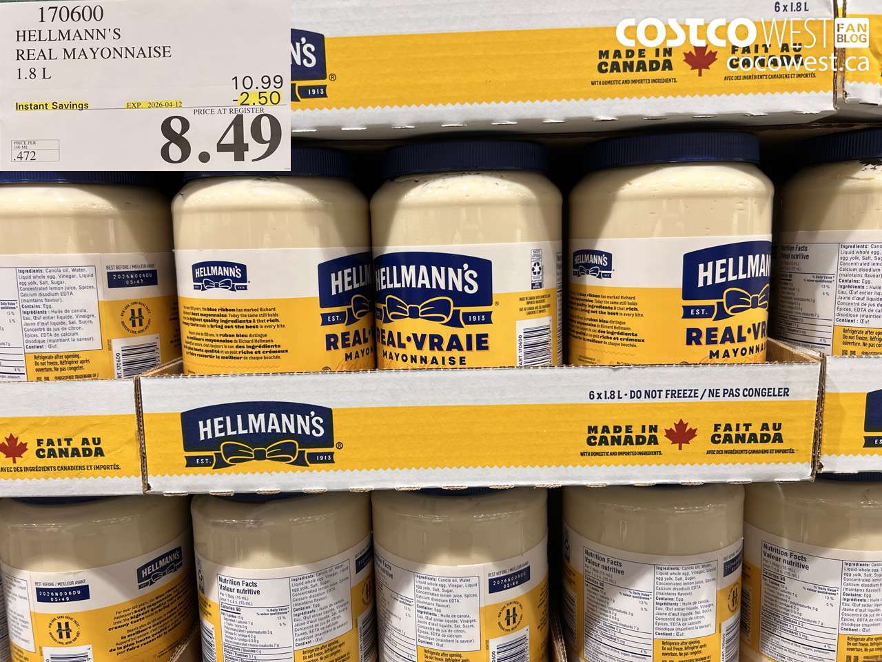 170600 HELLMANN'S REAL MAYONNAISE 1.8 L ($2.50 INSTANT SAVINGS EXPIRES ON 2026-04-12) $8.49