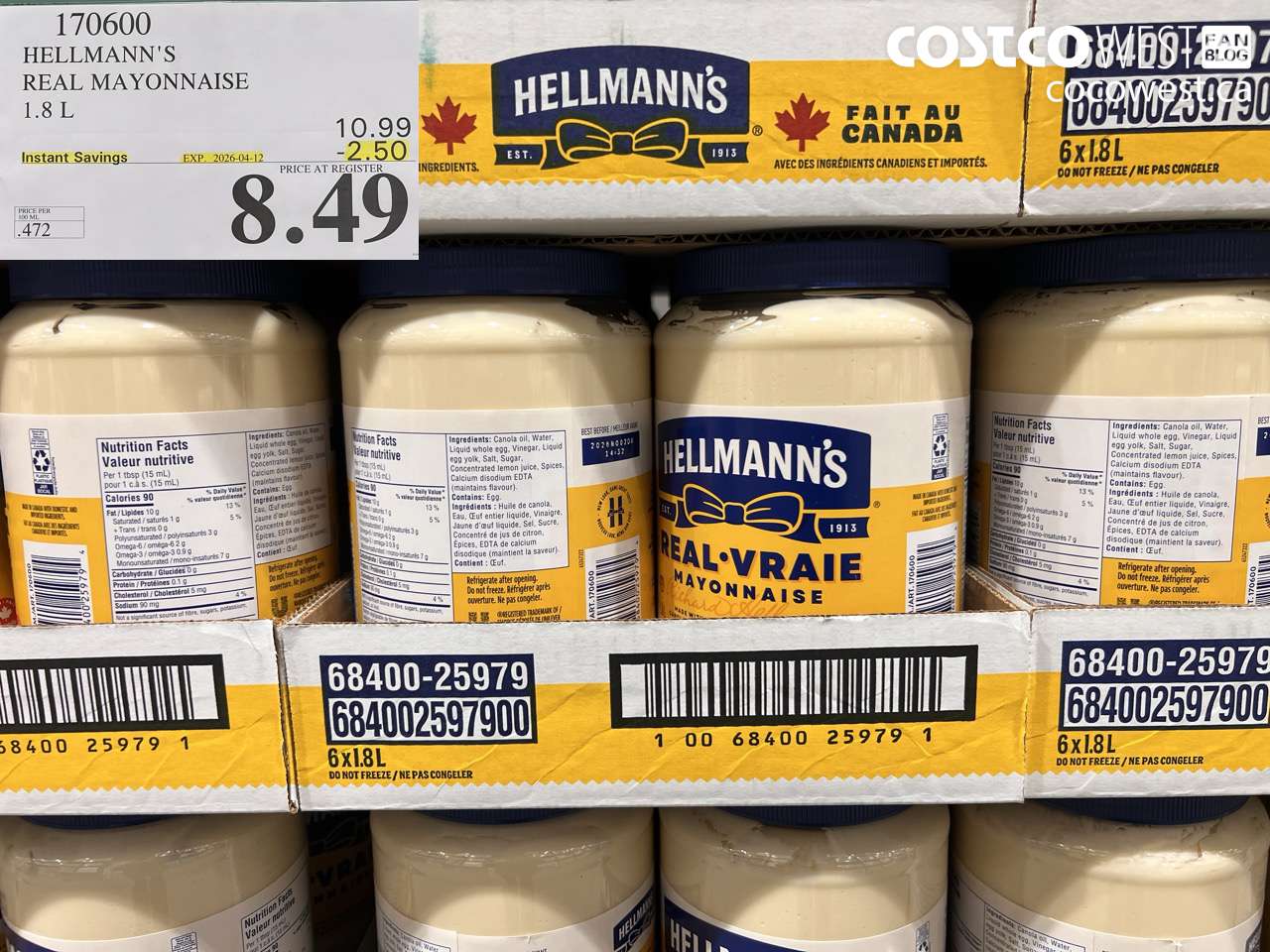 170600 HELLMANN'S REAL MAYONNAISE 1.8 L ($2.50 INSTANT SAVINGS EXPIRES ON 2026-04-12) $8.49