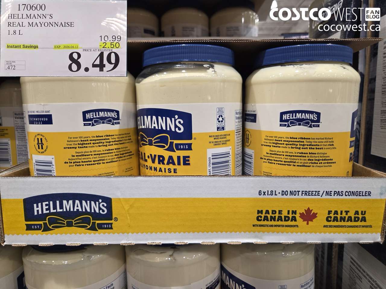 170600 HELLMANN'S REAL MAYONNAISE 1.8 L ($2.50 INSTANT SAVINGS EXPIRES ON 2026-04-12) $8.49