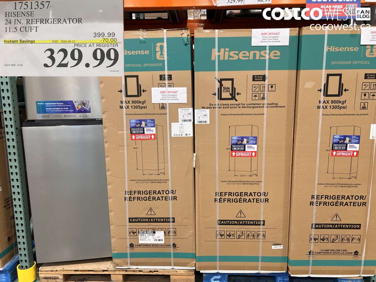 1751357 HISENSE 24 IN. REFRIGERATOR 11.5 CUFT ($70.00 INSTANT SAVINGS EXPIRES ON 2026-04-12) $329.99