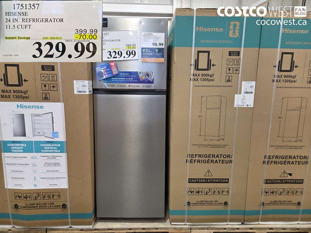 1751357 HISENSE 24 IN. REFRIGERATOR 11.5 CUFT ($70.00 INSTANT SAVINGS EXPIRES ON 2026-04-12) $329.99