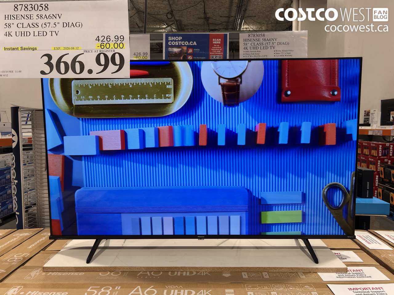 8783058 HISENSE 58A6NV 58'' CLASS (57.5'' DIAG) 4K UHD LED TV ($60.00 INSTANT SAVINGS EXPIRES ON 2026-04-12) $366.99