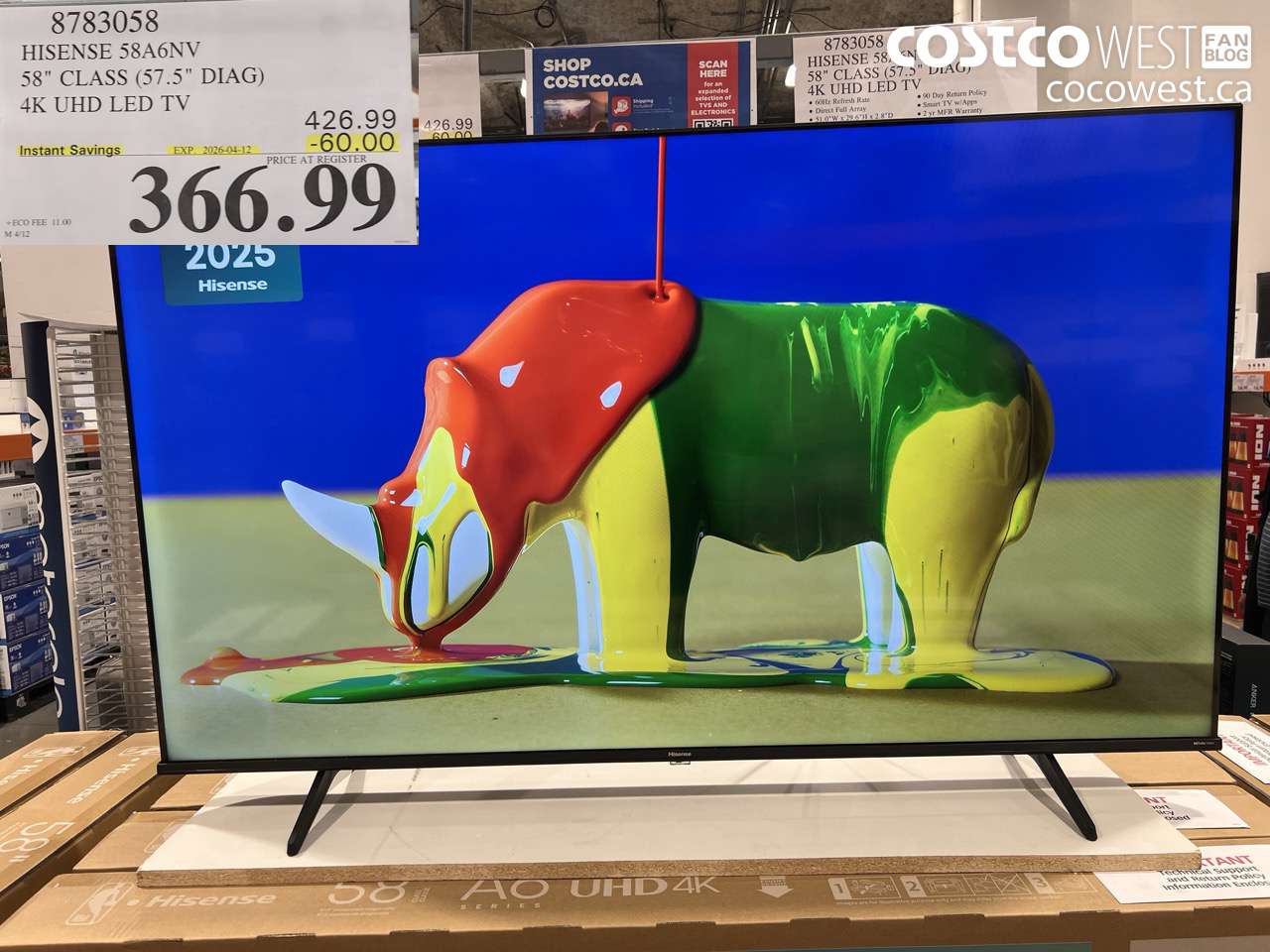 8783058 HISENSE 58A6NV 58 CLASS (57.5 DIAG) 4K UHD LED TV ($60.00 INSTANT SAVINGS EXPIRES ON 2026-04-12) $366.99