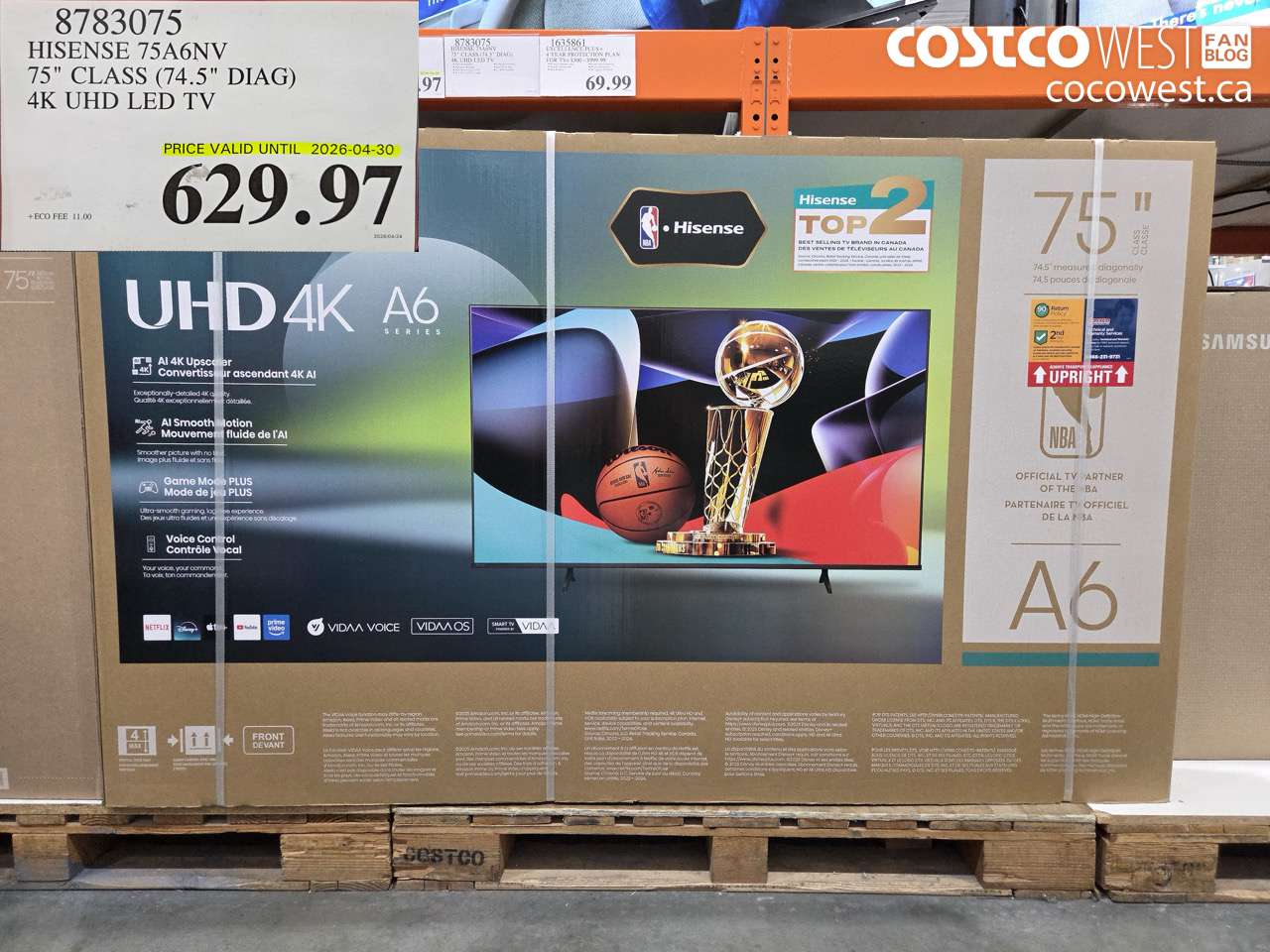 8783075 HISENSE 75A6NV 75 CLASS (74.5 DIAG) 4K UHD LED TV (EXPIRES ON 2026-04-30) $629.97