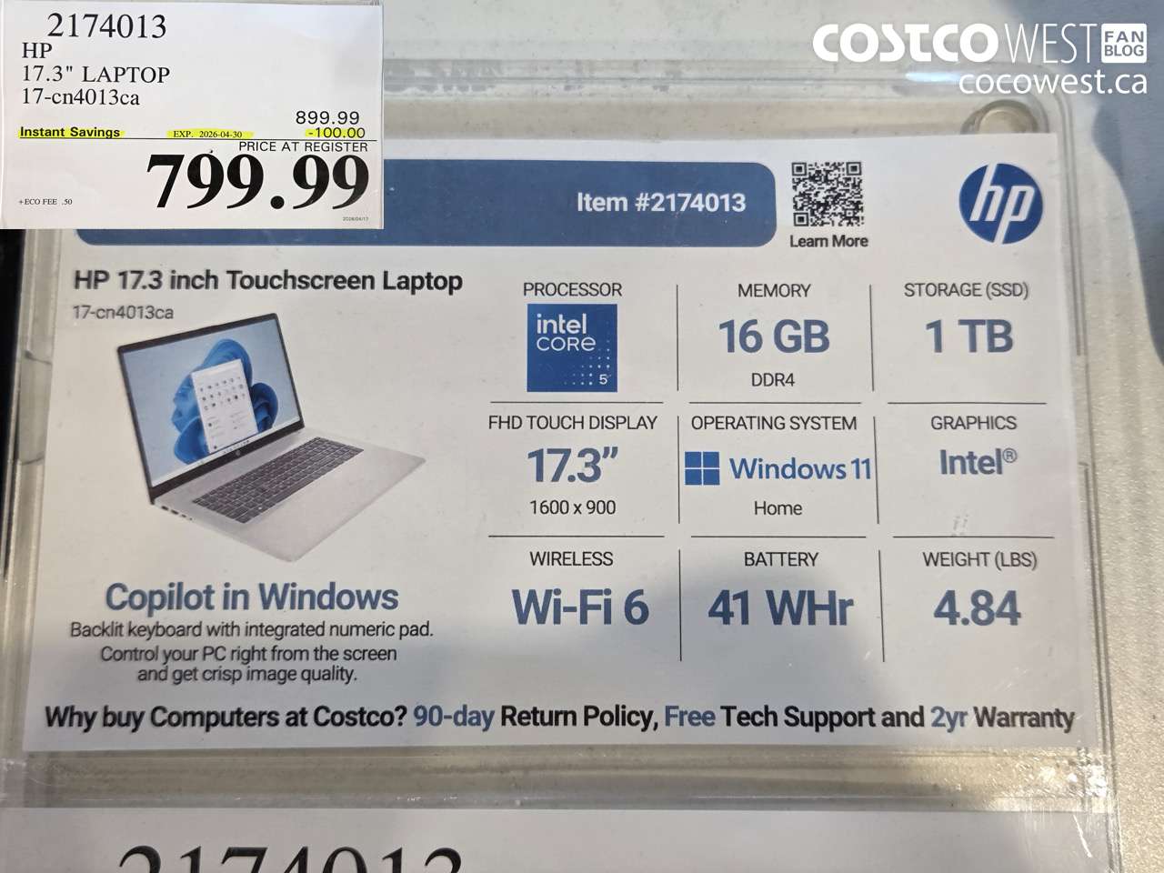 2174013 HP 17.3 LAPTOP 17-CN4013CA ($100.00 INSTANT SAVINGS EXPIRES ON 2026-04-30) $799.99