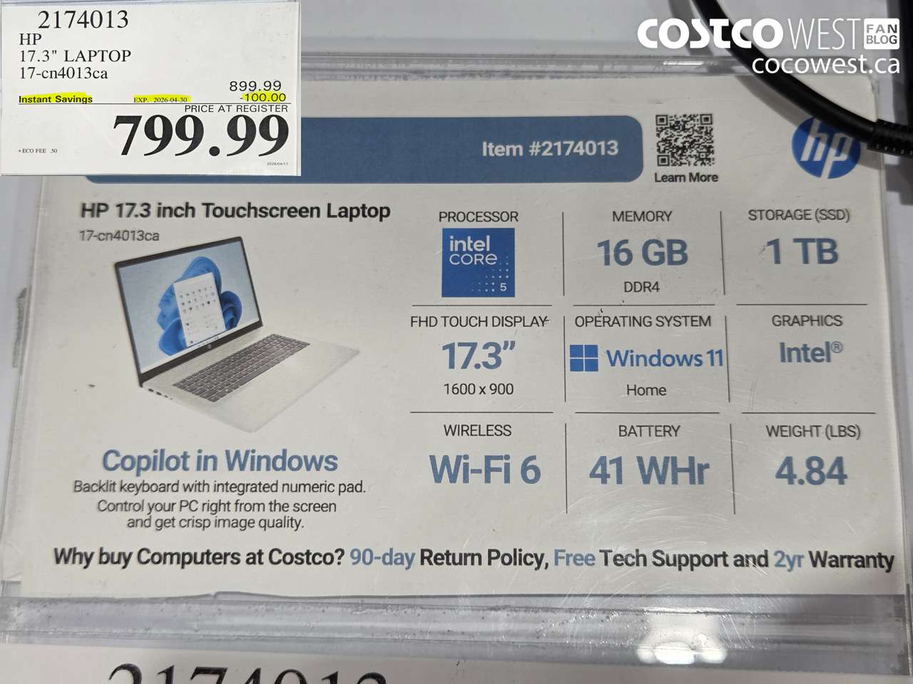 2174013 HP 17.3 LAPTOP 17-CN4013CA ($100.00 INSTANT SAVINGS EXPIRES ON 2026-04-30) $799.99