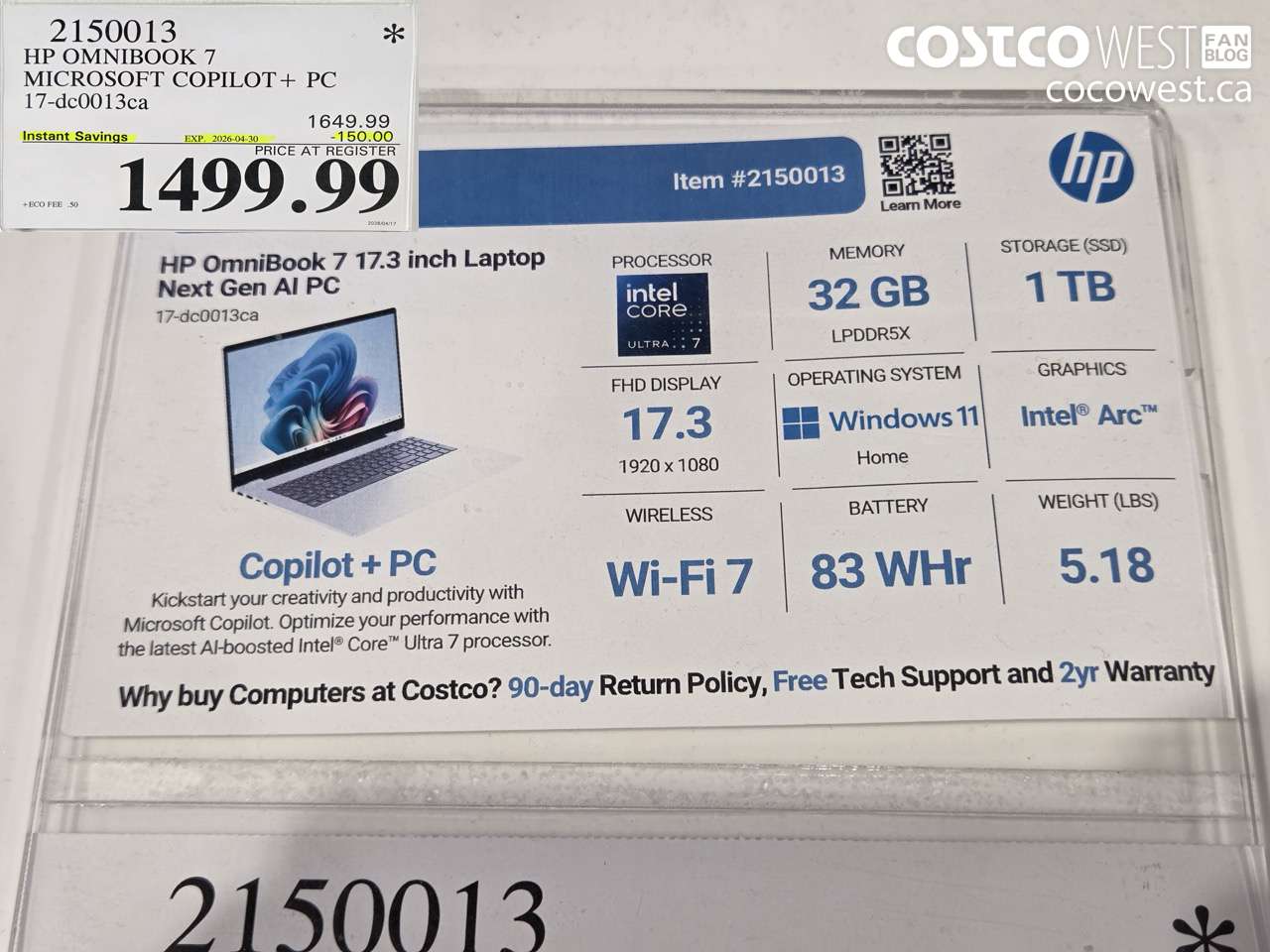2150013 HP OMNIBOOK 7 MICROSOFT COPILOT + PC 17-DC0013CA ($150.00 INSTANT SAVINGS EXPIRES ON 2026-04-30) $1499.99