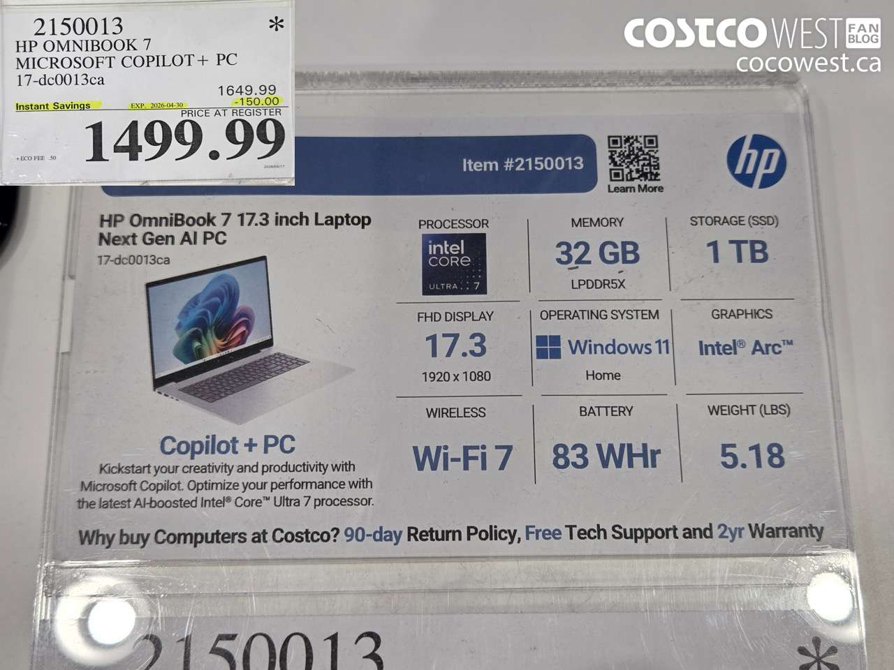 2150013 HP OMNIBOOK 7 MICROSOFT COPILOT + PC 17-DC0013CA ($150.00 INSTANT SAVINGS EXPIRES ON 2026-04-30) $1499.99