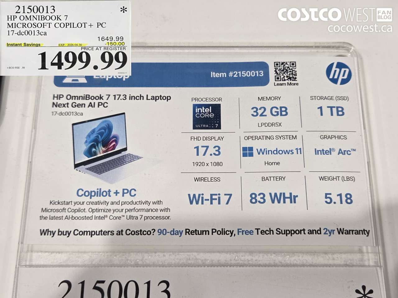 2150013 HP OMNIBOOK 7 MICROSOFT COPILOT + PC 17-DC0013CA ($150.00 INSTANT SAVINGS EXPIRES ON 2026-04-30) $1499.99