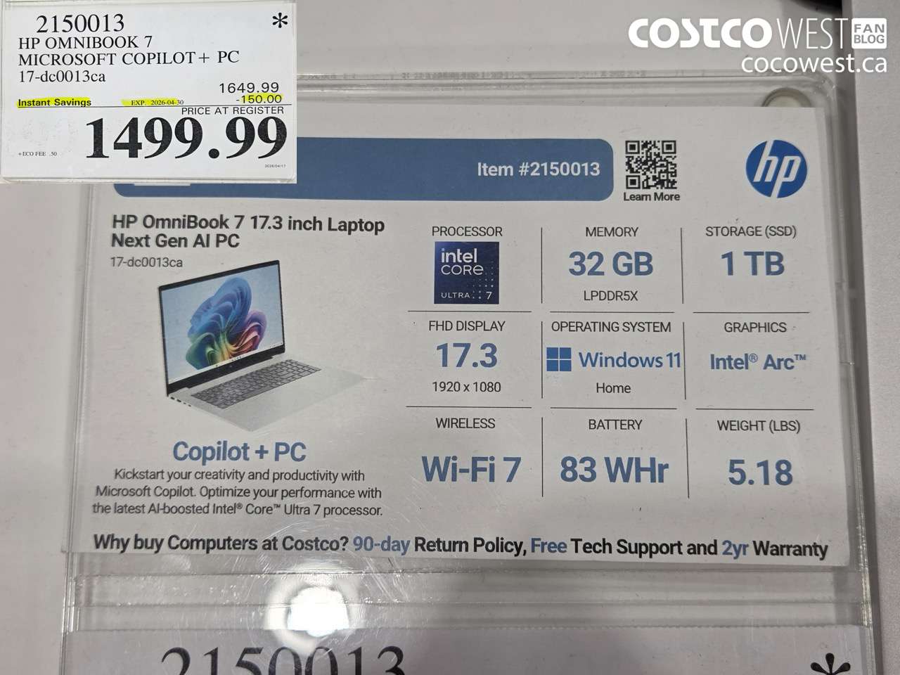 2150013 HP OMNIBOOK 7 MICROSOFT COPILOT + PC 17-DC0013CA ($150.00 INSTANT SAVINGS EXPIRES ON 2026-04-30) $1499.99