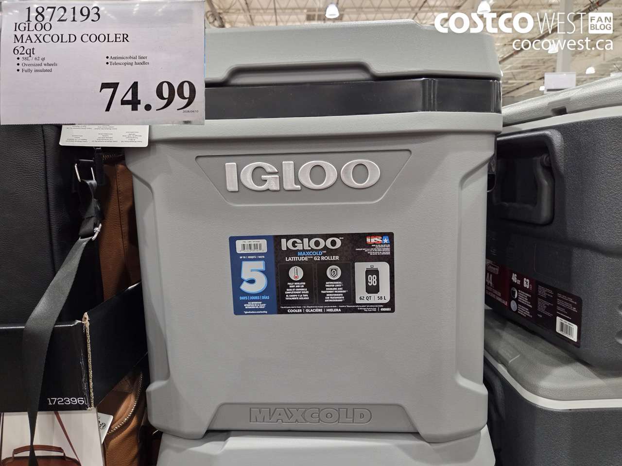 1872193 IGLOO MAXCOLD COOLER 62QT $74.99