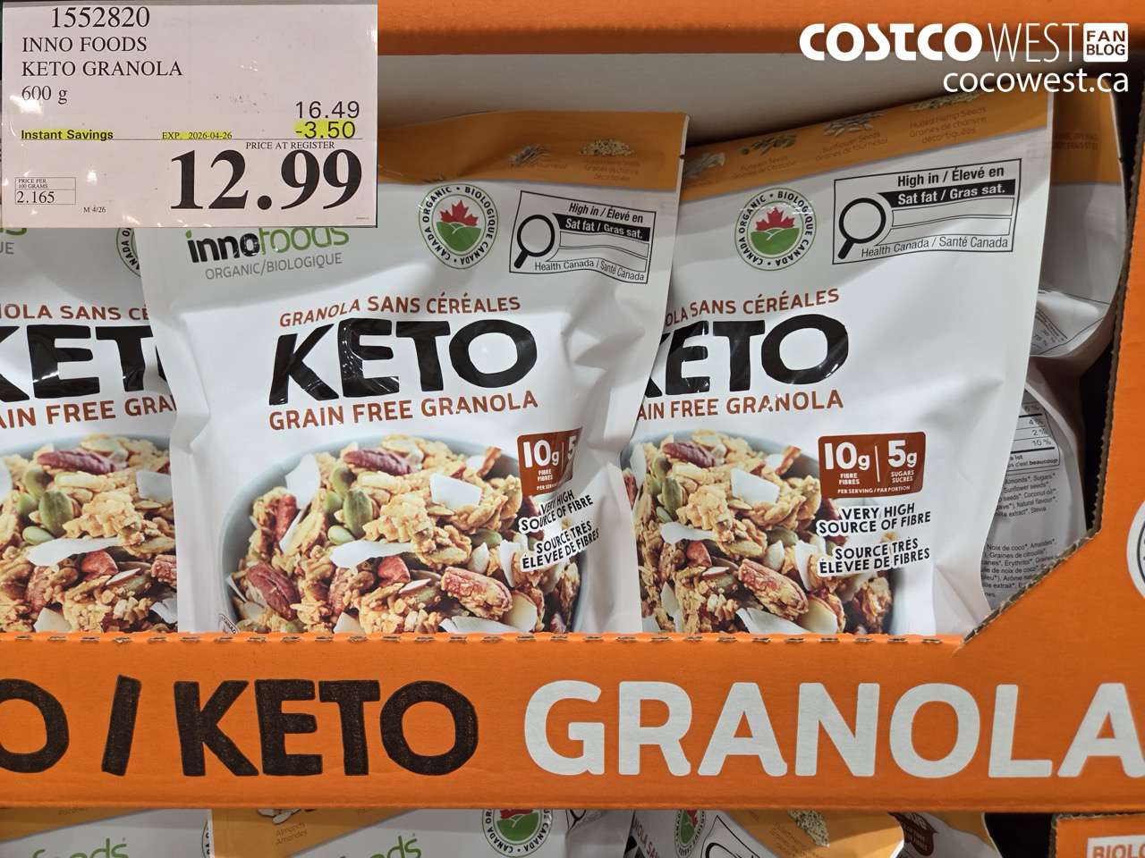 1552820 INNO FOODS KETO GRANOLA 600G ($3.50 INSTANT SAVINGS EXPIRES ON 2026-04-26) $12.99