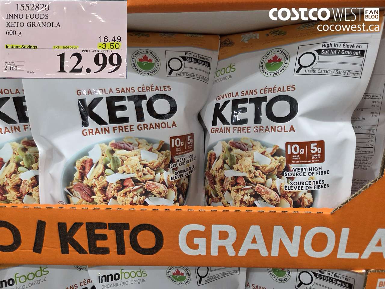15552820 INNO FOODS KETO GRANOLA 600G ($3.50 INSTANT SAVINGS EXPIRES ON 2026-04-26) $12.99