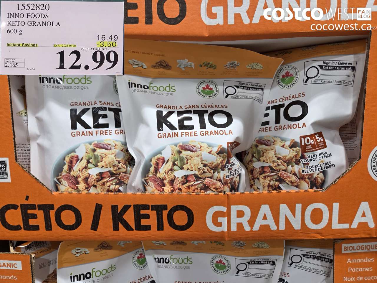 1552820 INNO FOODS KETO GRANOLA 600 G ($3.50 INSTANT SAVINGS EXPIRES ON 2026-04-26) $12.99