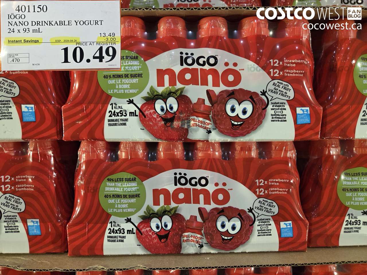 401150 IOGO NANO DRINKABLE YOGURT 24 X 93ML ($3.00 INSTANT SAVINGS EXPIRES ON 2026-04-26) $10.49