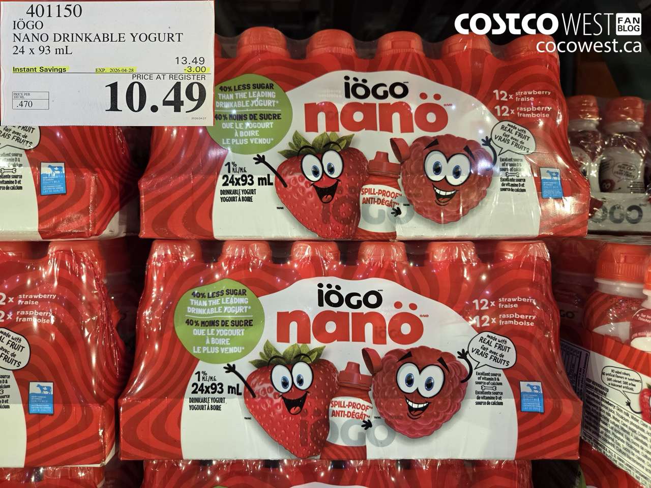 401150 IOGO NANO DRINKABLE YOGURT 24 X 93ML ($3.00 INSTANT SAVINGS EXPIRES ON 2026-04-28) $10.49