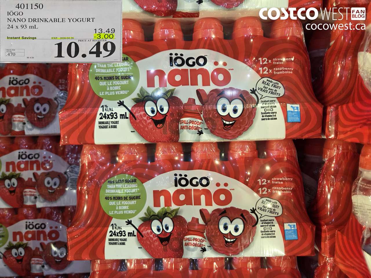 401150 IÖGO NANO DRINKABLE YOGURT 24 X 93 ML ($3.00 INSTANT SAVINGS EXPIRES ON 2026-04-26) $10.49