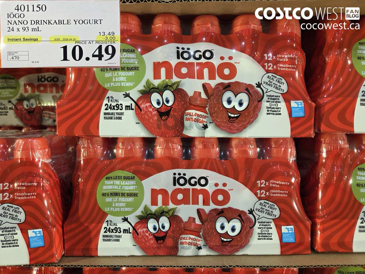 401150 IOGO NANO DRINKABLE YOGURT 24 X 93 ML ($3.00 INSTANT SAVINGS EXPIRES ON 2026-04-26) $10.49