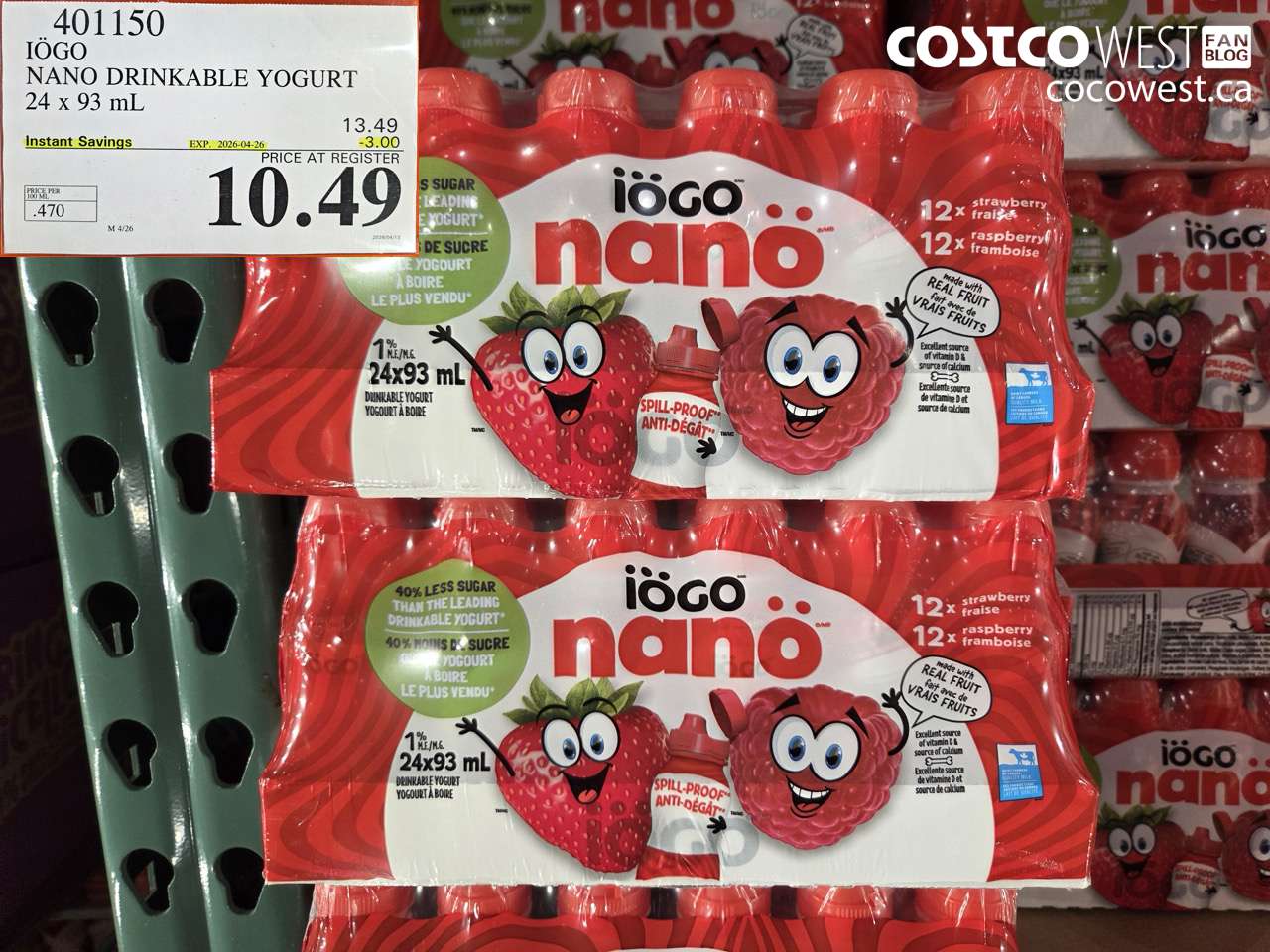 401150 IÖGO NANO DRINKABLE YOGURT 24 X 93 ML ($3.00 INSTANT SAVINGS EXPIRES ON 2026-04-26) $10.49