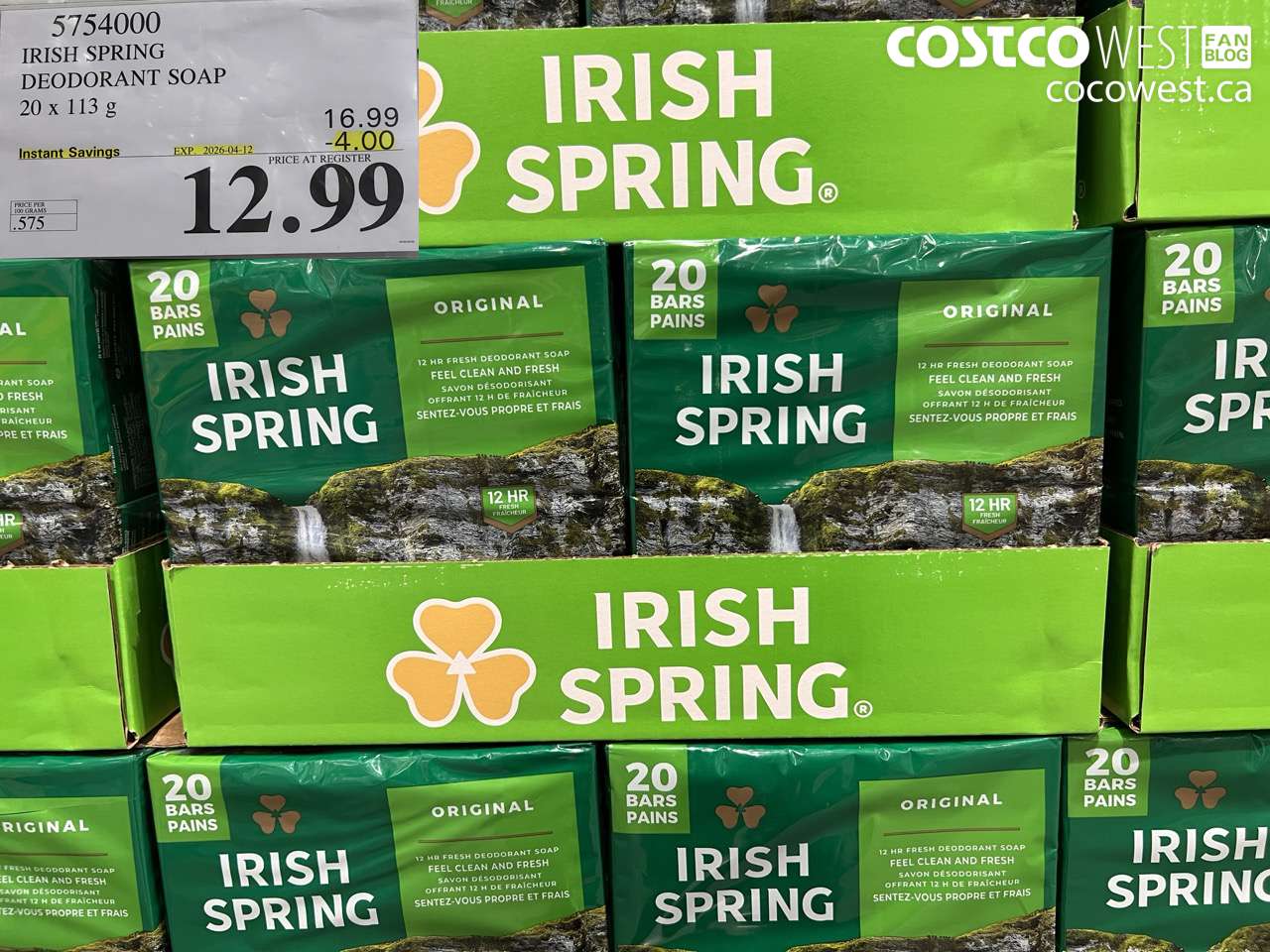 5754000 IRISH SPRING DEODORANT SOAP 20 X 113 G ($4.00 INSTANT SAVINGS EXPIRES ON 2026-04-12) $12.99