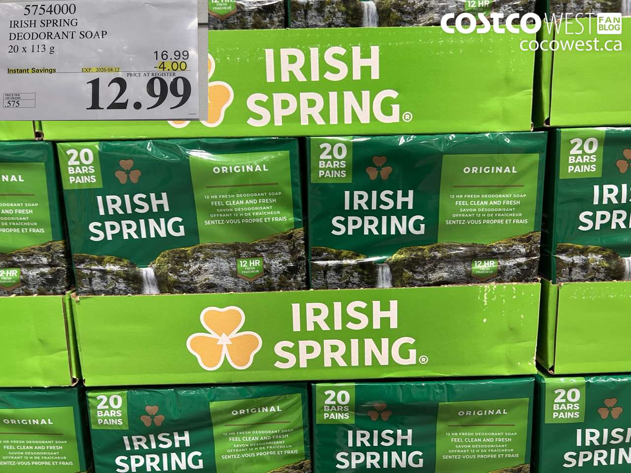 5754000 IRISH SPRING DEODORANT SOAP 20 X 113 G ($4.00 INSTANT SAVINGS EXPIRES ON 2026-04-12) $12.99